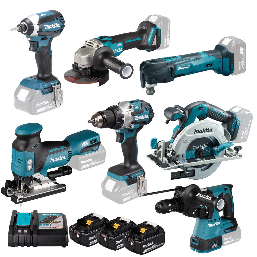 MAKITA Combopack DLX7030T3J LXT ® - Klopboor- en schroefmachine + Slagschroevendraaier + Combihamer + Haakse slijper Ø 125 mm + Cirkelzaag + Decoupeerzaag + Multitool + 3x batterij 5,0 Ah + Lader