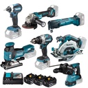 MAKITA Combopack DLX7030T3J LXT ® - Klopboor- en schroefmachine + Slagschroevendraaier + Combihamer + Haakse slijper Ø 125 mm + Cirkelzaag + Decoupeerzaag + Multitool + 3x batterij 5,0 Ah + Lader