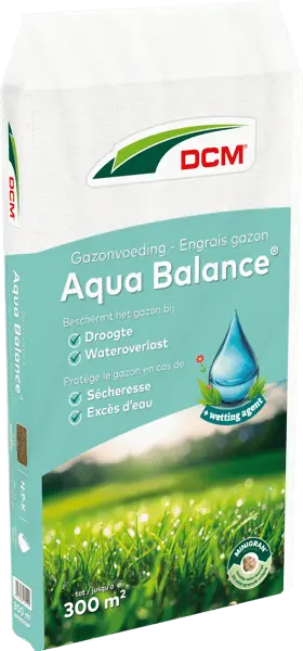 DCM GAZONVOEDING AQUA BALANCE 18KG NPK 9-3-12 +Fe, Si en wetting agent 